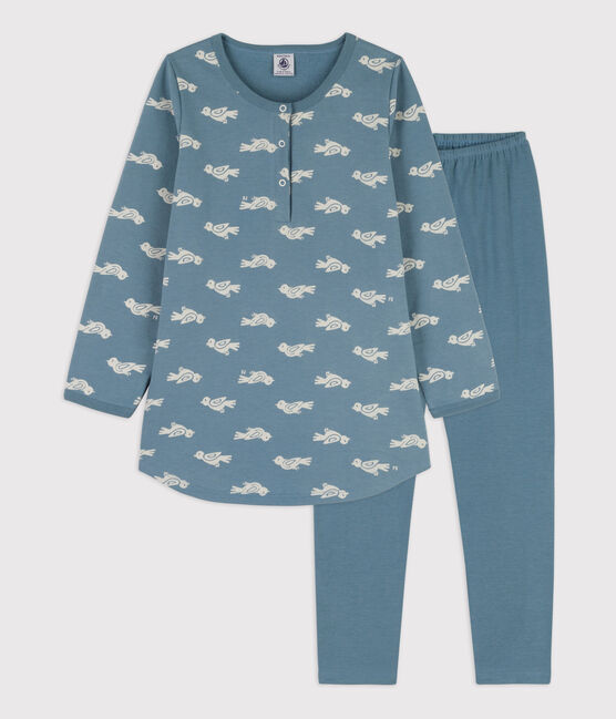 Girls' Bird Patterned Fleece/Cotton Nightdress with Leggings ROVER blue/MARSHMALLOW white