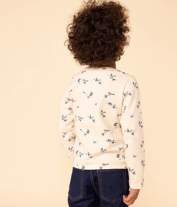 Girls' long-sleeved floral print cotton T-shirt Ecru/multicolor