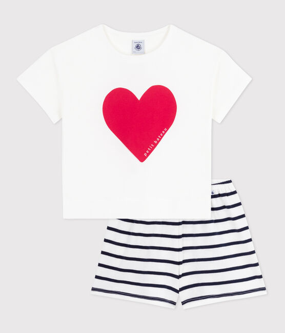 Children's short pajamas in cotton with heart print MARSHMALLOW white/SMOKING blue