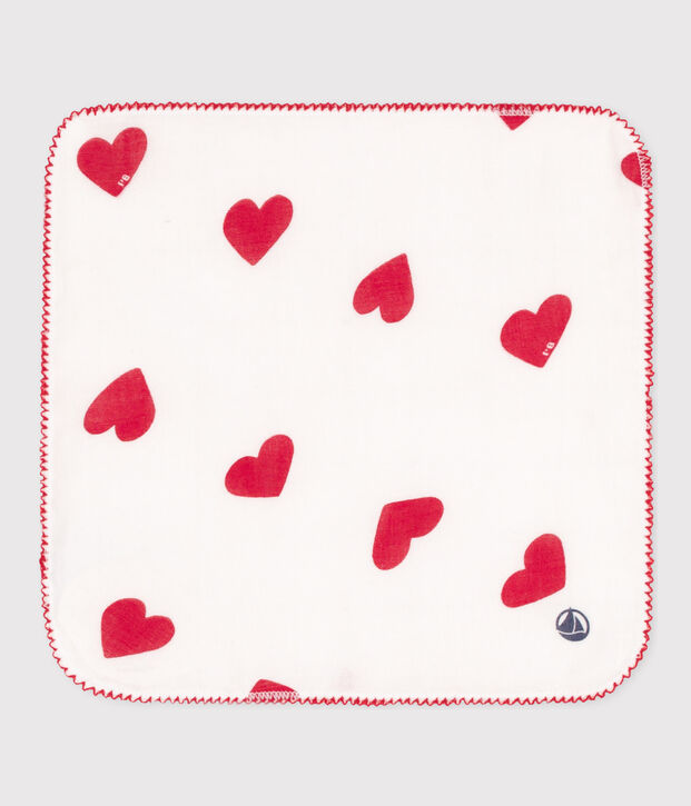 COTTON GAUZE HEART HANKY FOR BABY white/red