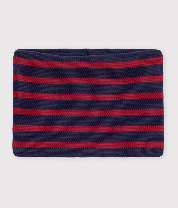 Children's stripy fleece-lined knitted snood blue/red