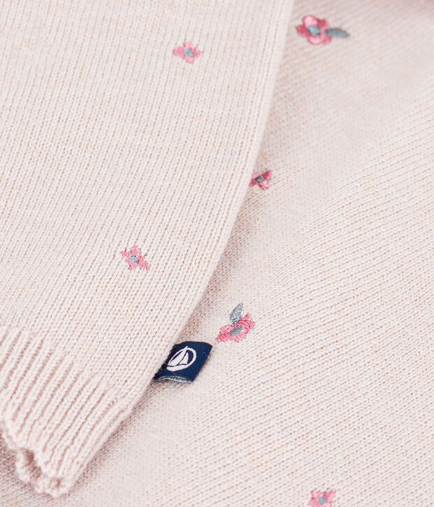 Babies' jumper in wool and cotton with embroidered flowers pink/multicolor