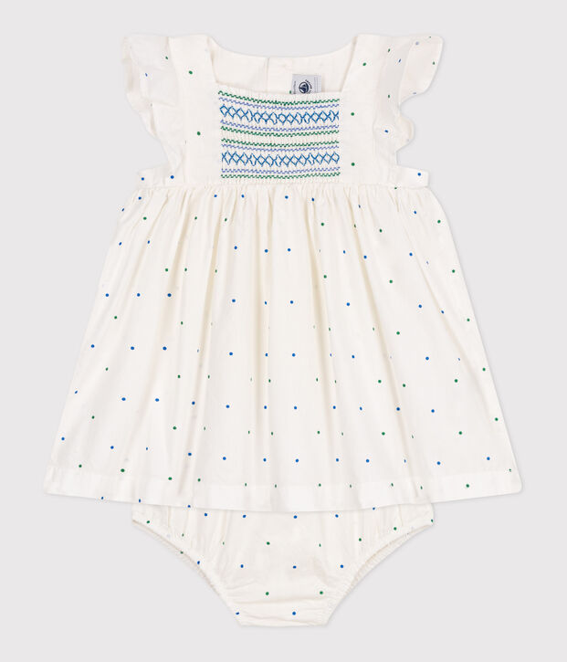 Babies' white cotton dress and bloomers printed with spots white/multicolor