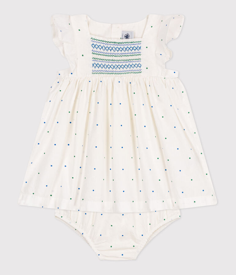 Babies' white cotton dress and bloomers printed with spots white/multicolor