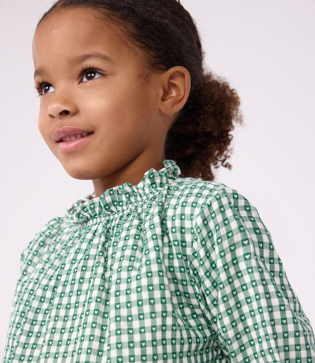 Children's long-sleeved printed cotton blouse green/white