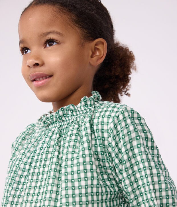 Children's long-sleeved printed cotton blouse green/white