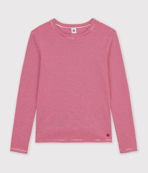 Women's long-sleeved stripy cotton T-shirt red/white
