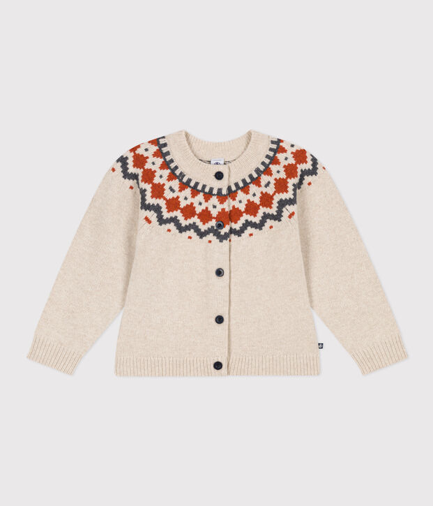 Girls' cotton and wool jacquard cardigan beige/multicolor