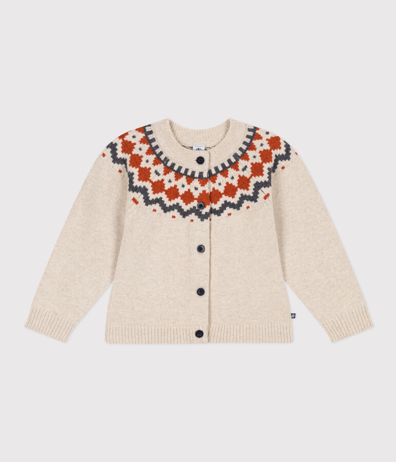 Girls' cotton and wool jacquard cardigan MONTELIMAR beige/MULTICO white
