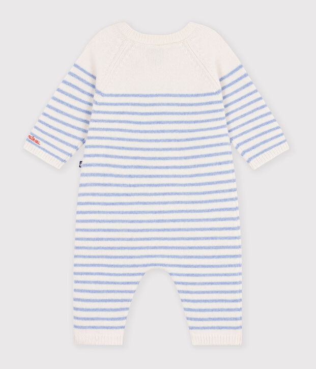 Babies' stripy wool and cotton knit playsuit blue/blue