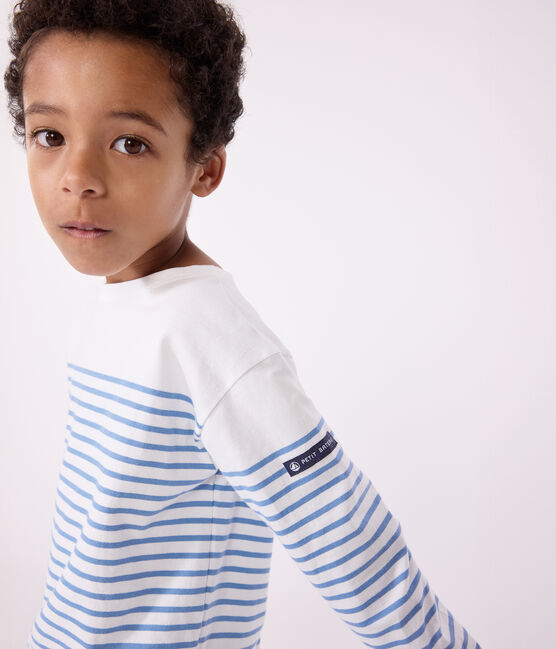 Children's long-sleeved cotton Breton T-shirt MARSHMALLOW white/ALASKA blue