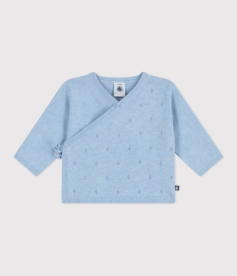 Babies' wool and cotton openwork knit wrapover top FLO blue