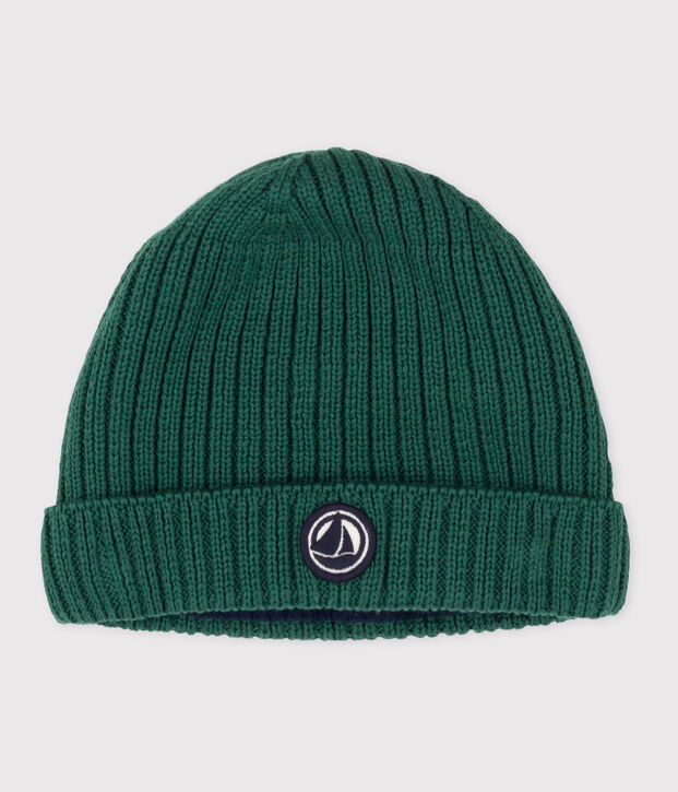 Babies' knitted beanie with a fleece lining green
