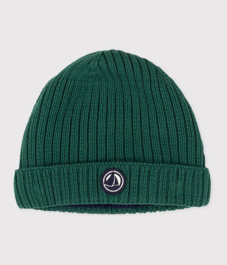 Babies' knitted beanie with a fleece lining green
