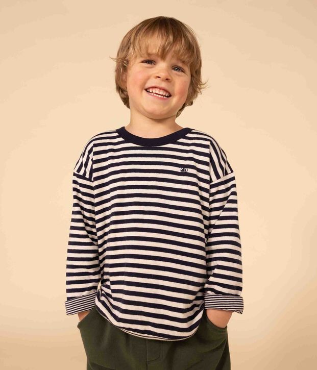 Boys' long-sleeved tube knit T-shirt blue/ecru