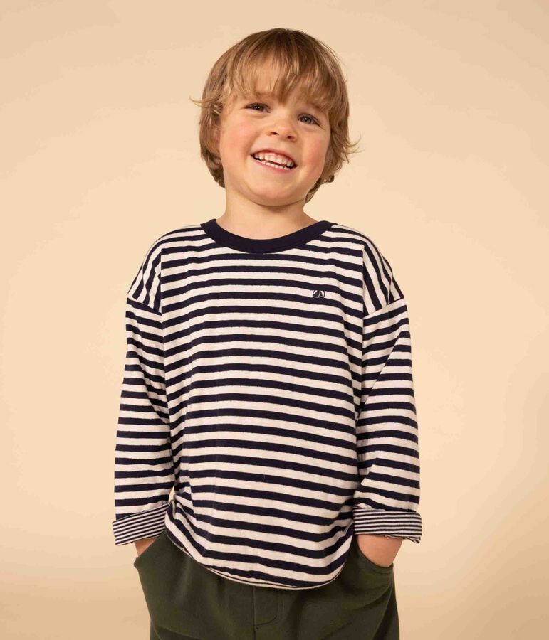 Boys' long-sleeved tube knit T-shirt blue/ecru