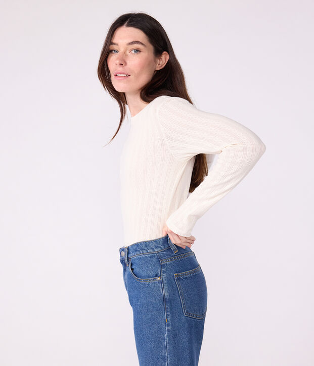 Women's Iconic long-sleeved openwork cotton T-shirt MILK