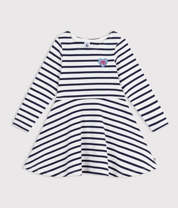 Children's long-sleeved stripy cotton dress white/blue