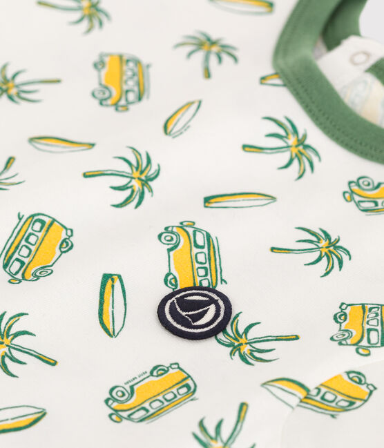 Babies' short-sleeved surf print cotton playsuit MARSHMALLOW white/MULTICO white
