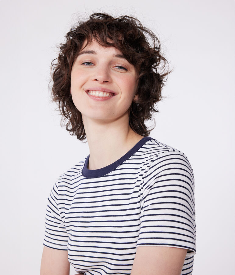 The iconic short-sleeved stripy rib knit T-shirt for women MARSHMALLOW white/SMOKING blue