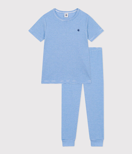 Children's Stripy Cotton Pyjamas DELPHINIUM /MARSHMALLOW
