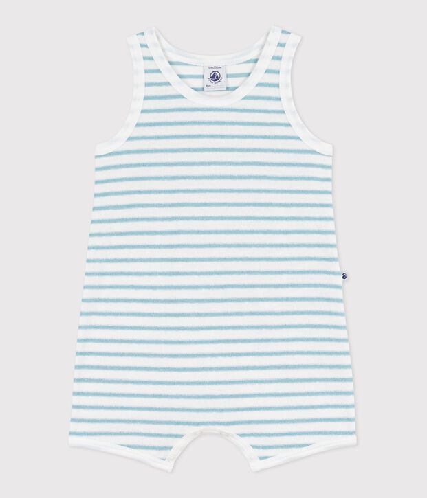 Babies' sleeveless short jumpsuit in stripy cotton terry towelling white/green