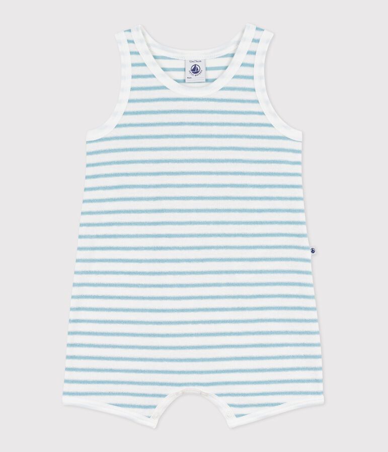 Babies' sleeveless short jumpsuit in stripy cotton terry towelling MARSHMALLOW /MIMI