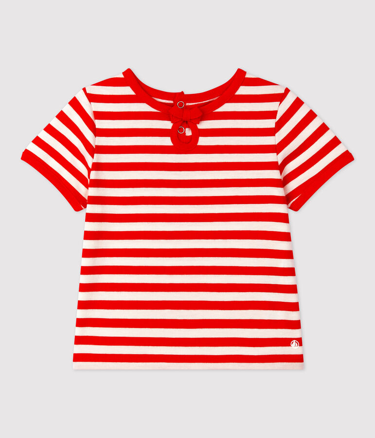 Babies' Short-Sleeved Striped Jersey T-Shirt PEPS red/MARSHMALLOW white
