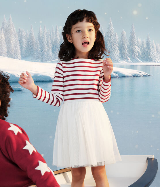 Children's long-sleeved dress in cotton and tulle MILK red/AMARANTE