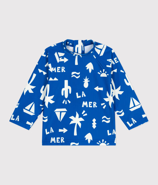 Babies' beach print UV protection T-shirt PORCELANA blue/MARSHMALLOW