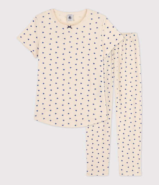 Girls' Heart Patterned Short-Sleeved Cotton Pyjamas AVALANCHE white/NEWBLEU