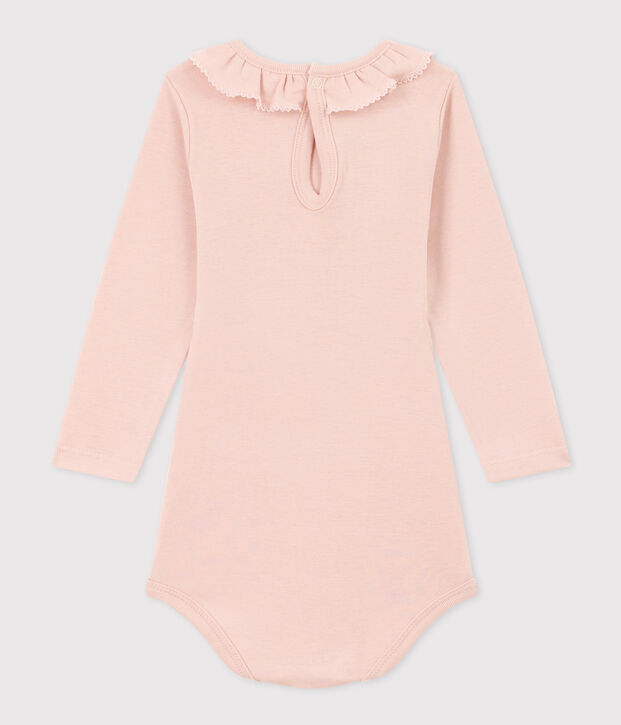 Babies' Long-Sleeved Cotton Bodysuit With Ruff Collar pink