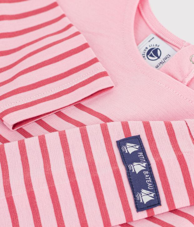Babies' long-sleeved stripy cotton T-shirt. pink/pink