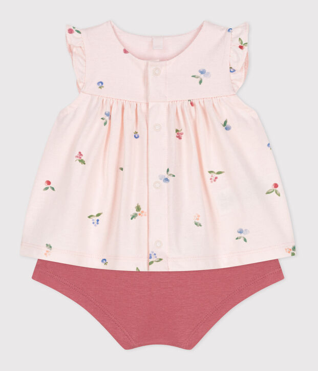 Newborn babies' two-piece cotton set with a ruffled blouse pink/multicolor