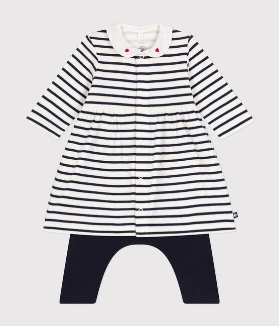 Babies' cotton dress and leggings MARSHMALLOW white/SMOKING blue