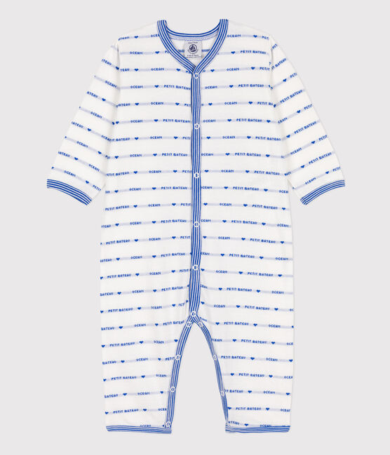 Footless Patterned Knit Cotton Sleepsuit MARSHMALLOW white/PERSE blue