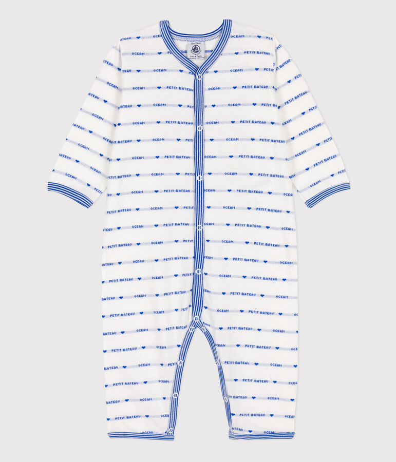Footless Patterned Knit Cotton Sleepsuit white/blue