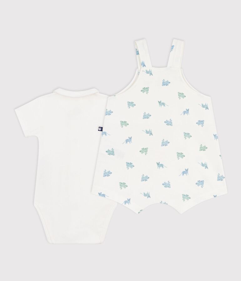 Babies' animal print cotton dungarees/body set MARSHMALLOW white/MULTICO white