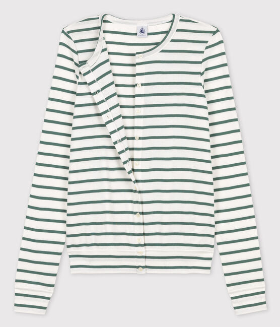 Women's Iconic Striped Cotton Cardigan MARSHMALLOW white/VALLEE green