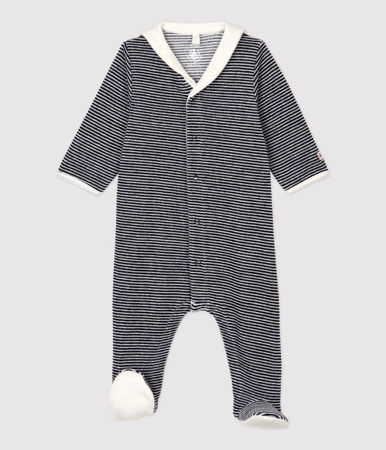 Babies' Stripy Organic Cotton Velour Sleepsuit with Collar SMOKING blue/MARSHMALLOW white