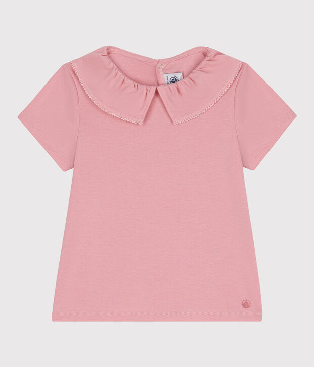 Children's plain short-sleeved cotton T-shirt with a collar pink
