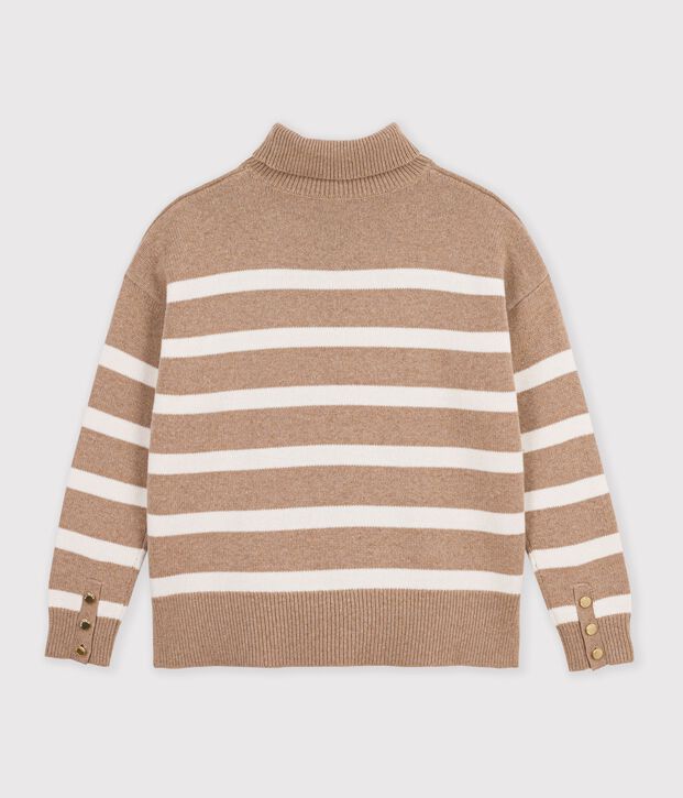 Women's striped wool and cotton roll neck jumper beige/ecru
