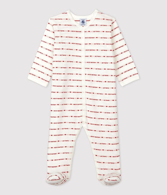 Babies' Footless Cotton Sleepsuit with Petit Bateau Je t'aime MARSHMALLOW white/TERKUIT red