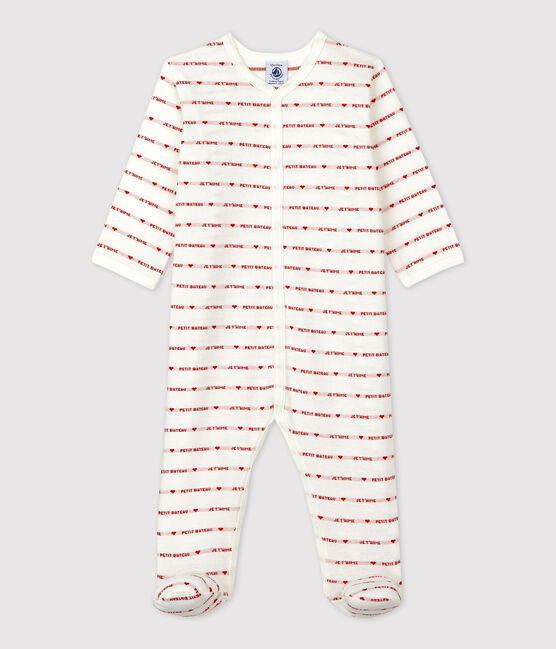 Babies' Footless Cotton Sleepsuit with Petit Bateau Je t'aime MARSHMALLOW white/TERKUIT red