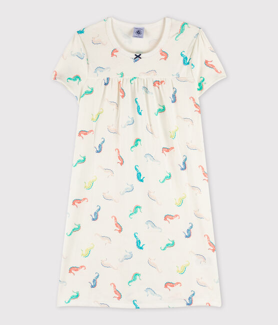Girls' Seahorse Print Cotton Nightdress MARSHMALLOW white/MULTICO white