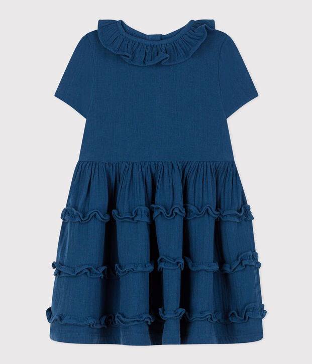 Girls' short-sleeved cotton gauze dress blue