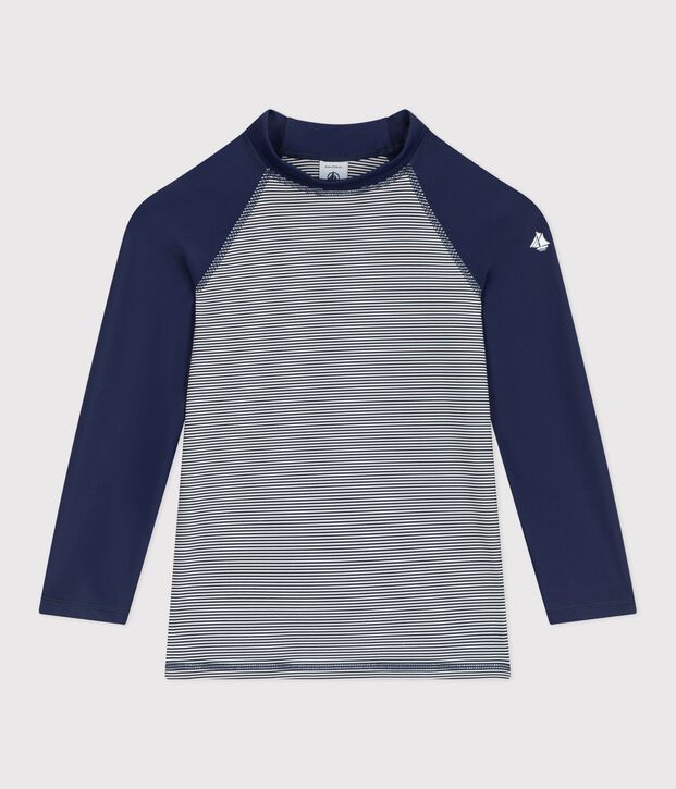 Children's UV-protective long-sleeved stripy swim T-shirt blue/white