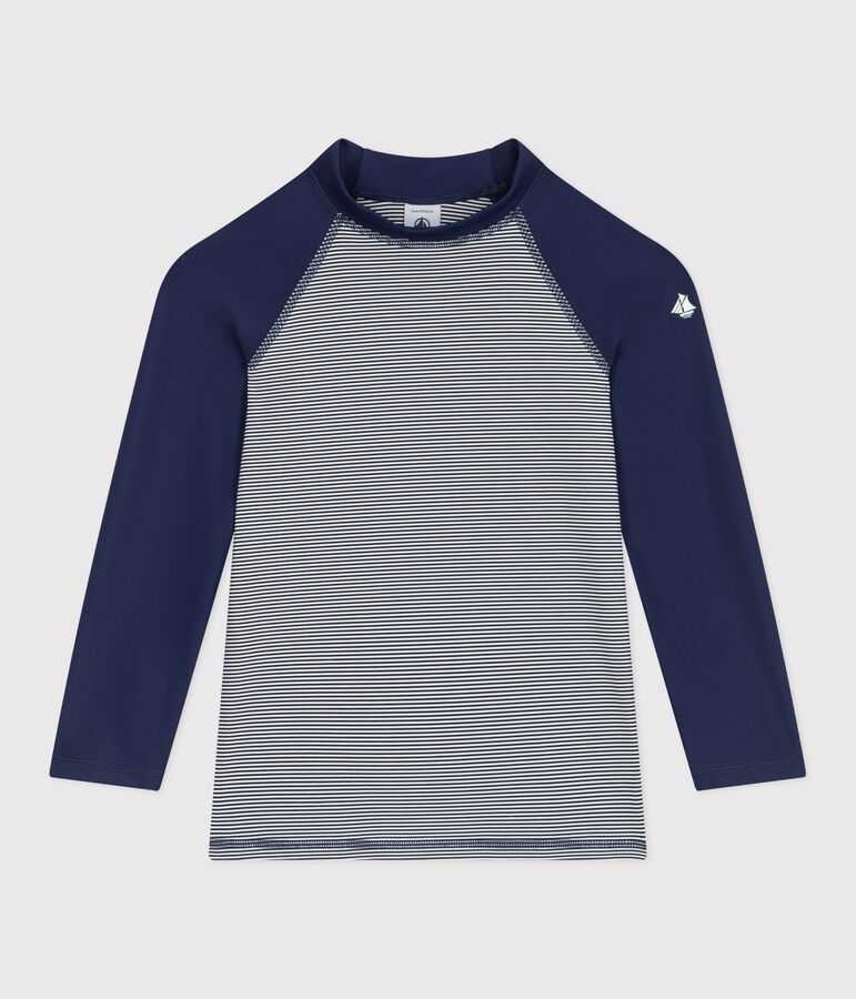 Children's UV-protective long-sleeved stripy swim T-shirt MEDIEVAL blue/MARSHMALLOW white