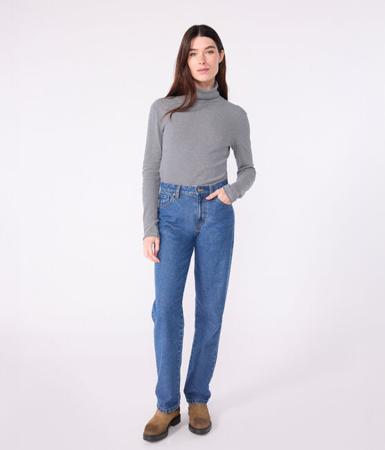 The Iconic cotton polo neck top for women SMOKING blue/MARSHMALLOW white