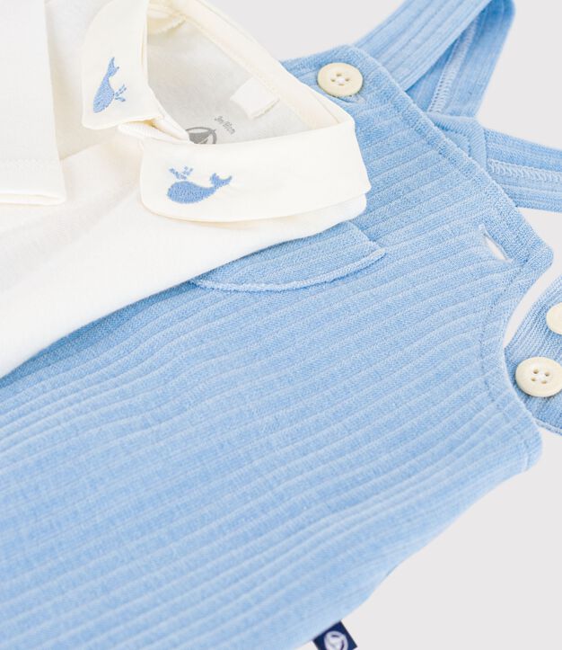 Babies' dungarees/body set in plain cotton with embroidered details blue/ecru